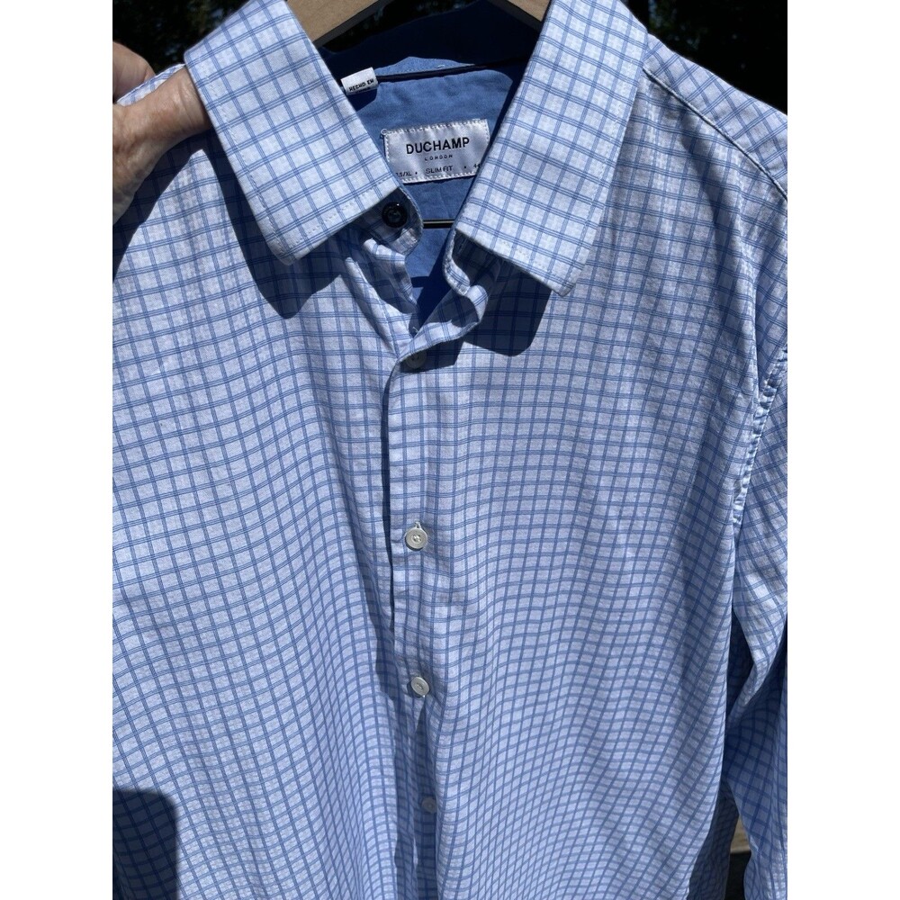 Duchamp London Blue Check Dress Shirt Mens Size 17.5/XL Slim Fit 44